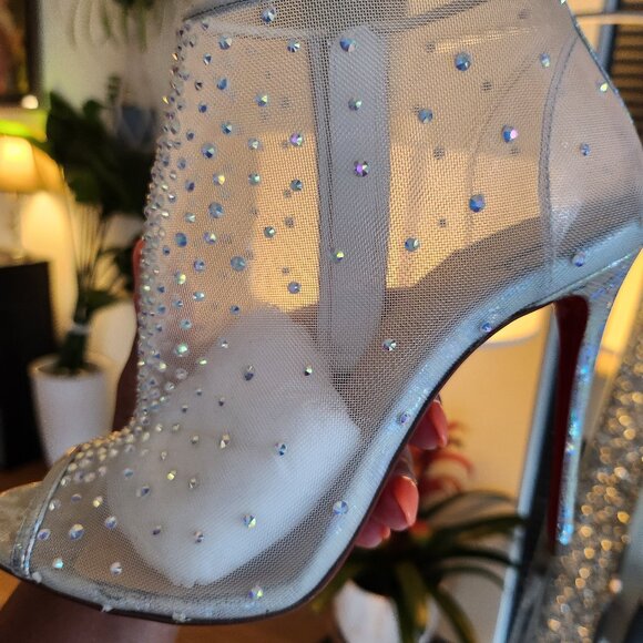 Christian Louboutin Ondessa Open Toe Stiletto Bootie Silver Nude Mesh Diamonds - Picture 7 of 15